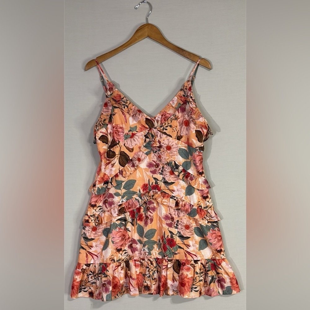 Maisie Floral Tiered Ruffle Mini Dress Peach Multicolor L NWT